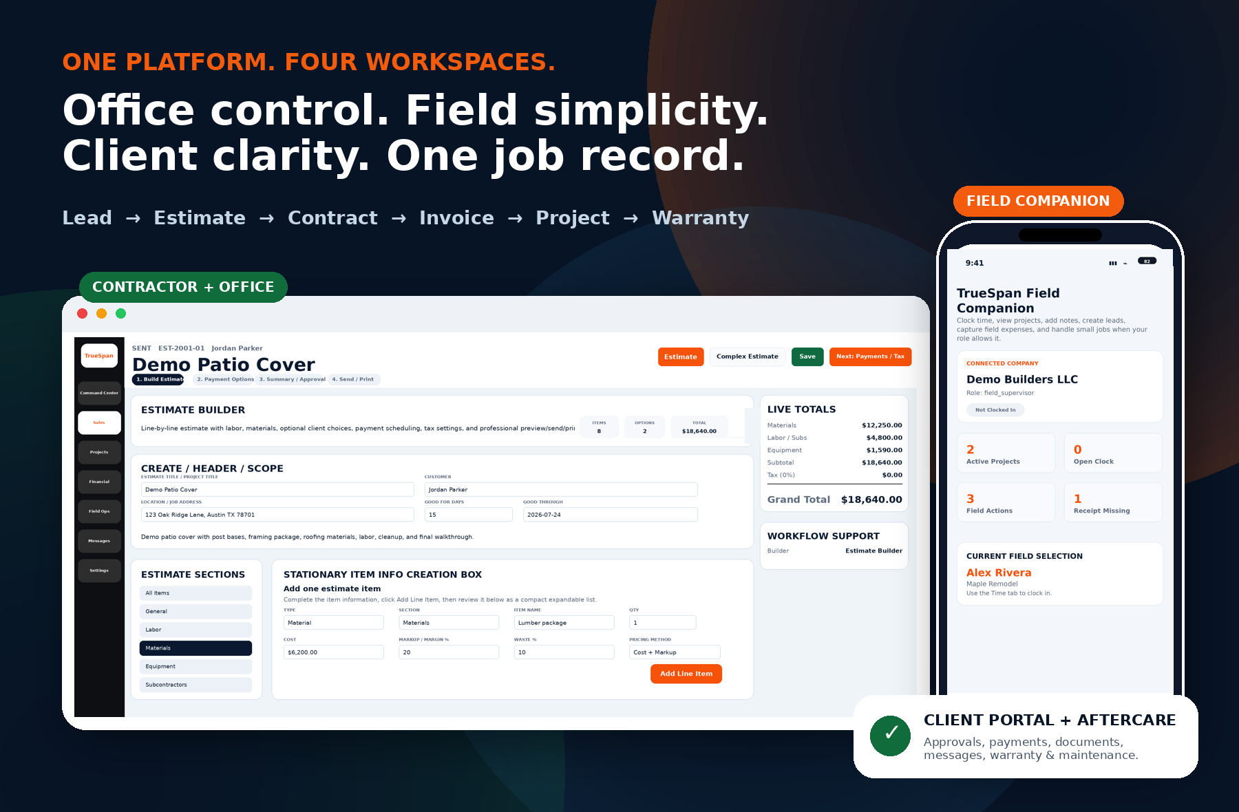 TrueSpan Pro contractor office, field companion, and client workflow